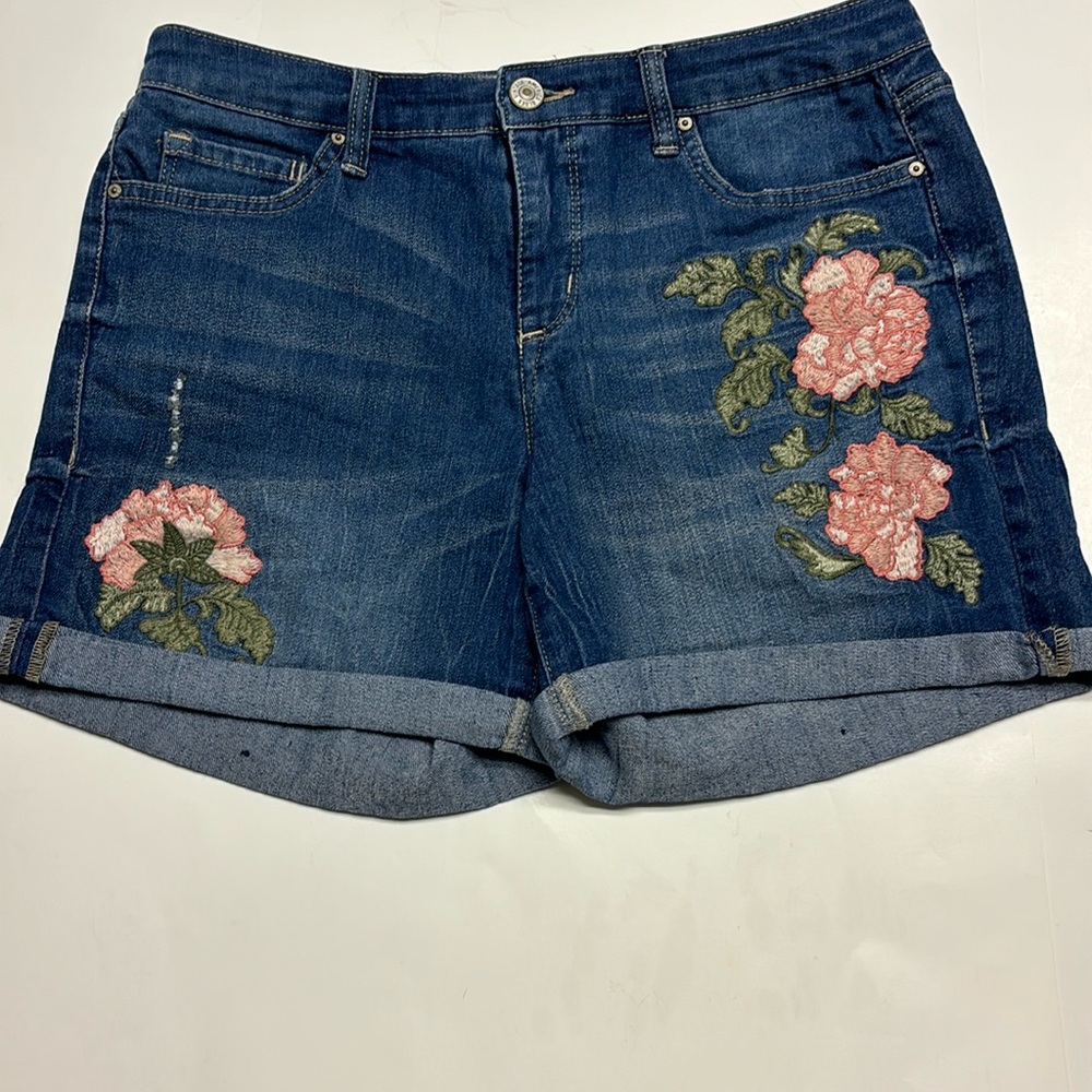 Vintage America Dark Blue Denim Jean Shorts with Pink Floral Embroidery